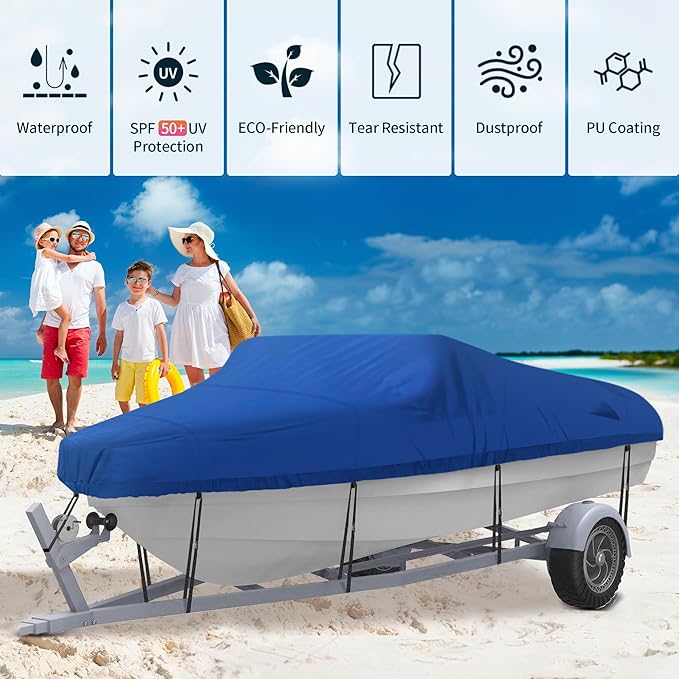 NEXCOVER Trailerable Boat Cover, Length: 17’-19’ Beam Width: up to 96”, Waterproof Heavy Duty Cover, Fits V-Hull, TRI-Hull, Runabout, Pro-Style, Bass Boat, Storage Bag & Tightening Straps Included.