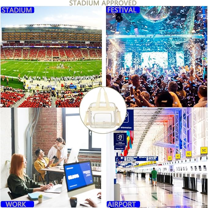 FlowFly Clear Bag for Stadium Events With Shoulder Strap for Women, Men, Large and Reusable Lunch Container, Work and Sporting Events, Travel 12x6x12 Clear Tote Bag, Clear#Biege