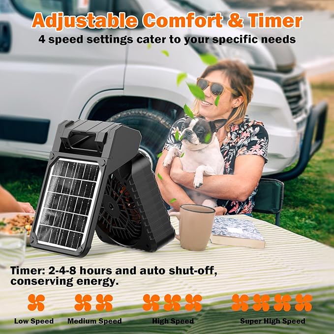 Solar Camping Fan with 10400mAh Built-in Rechargeable Battery,Dual-Power Outdoor Fan,Portable Fan with Timer,Phone Charging,LED Lantern,for Camping,Fishing,Power Outage,Hurricane(Black-Orange)