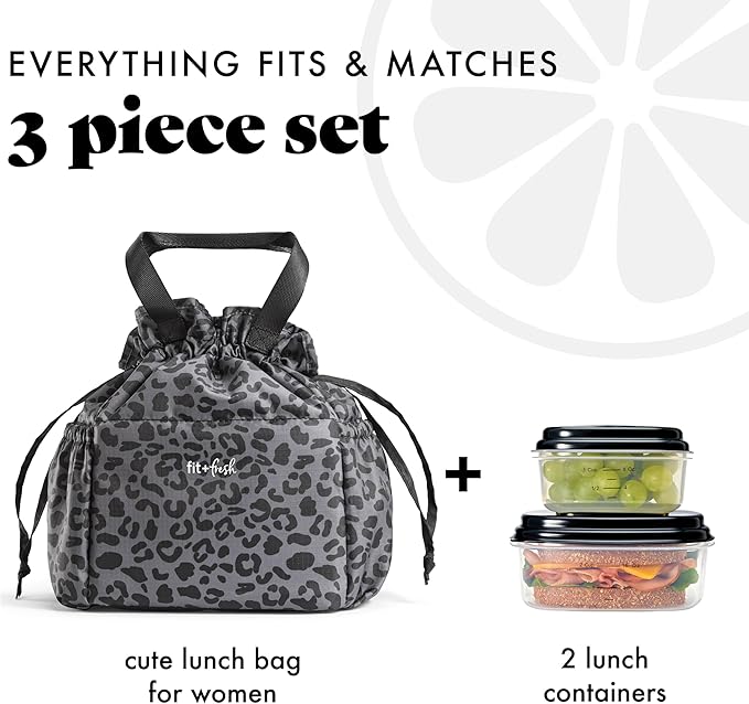 Fit & Fresh Lunch Bag For Women, Insulated Womens Lunch Bag For Work, Stain-Resistant Large Lunch Box For Women With Containers, Cinch Closure Cromwell Bag, Black Cheetah