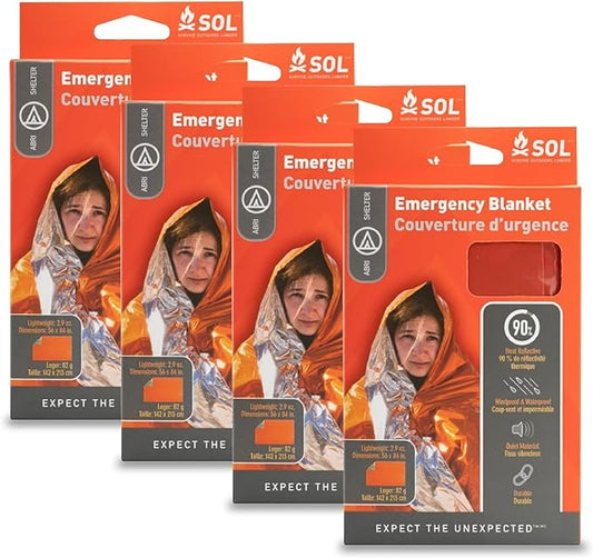 Survive Outdoors Longer 90% Heat Reflective Emergency Blanket - Polyethylene Rescue Blanket - Disaster Preparedness or Outdoor Survival Kit - Waterproof & Windproof - 56" x 84", 5.9 oz, Orange, 4 Pack