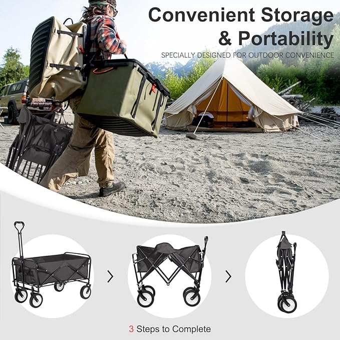 Collapsible Wagon Folding Wagon Garden Cart with Large Capacity, Portable Utility Wagon Cart Heavy Duty for Beach Camping Shopping Garden (Grey)