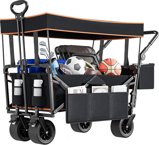 YITAHOME Collapsible Garden Cart w/Removable Canopy, Heavy Duty Outdoor Foldable Wagon Cart w/Rear Storage and Flexible Swivel Wheels for Shopping, Picnic, Camping, Sports,Black