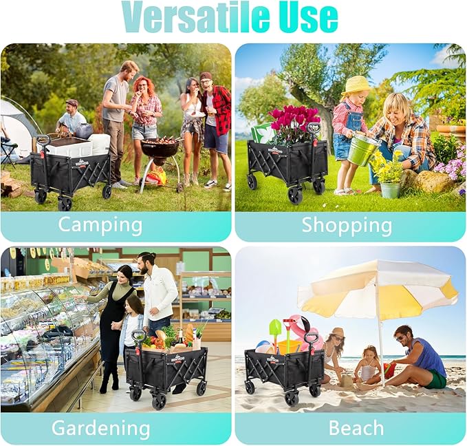 Collapsible Wagon, 360lbs Load Capacity, Small Wagon carts Foldable with Wheels, Heavy-Duty Steel Frame, 600D Oxford Fabric, Ergonomic Handle, Wear-Resistant, Perfect for Outdoor, Garden, Grocery