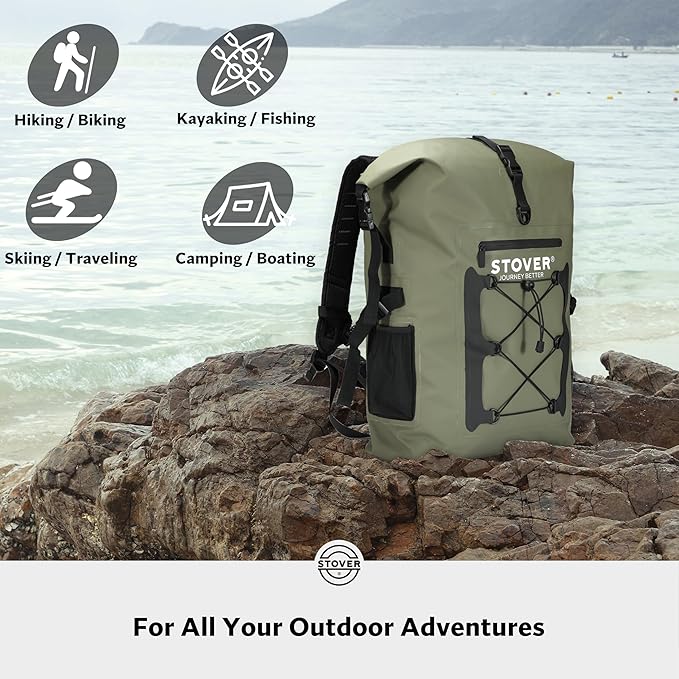 STOVER 5/10/25/30/40/55L Waterproof Dry Backpack- XL Floating Dry Bag for Kayaking, Travel, Tubing, Hiking, Fishing, Camping, Motorcycles, the Beach, Heavy-Duty Roll Top Men/Women (Green)