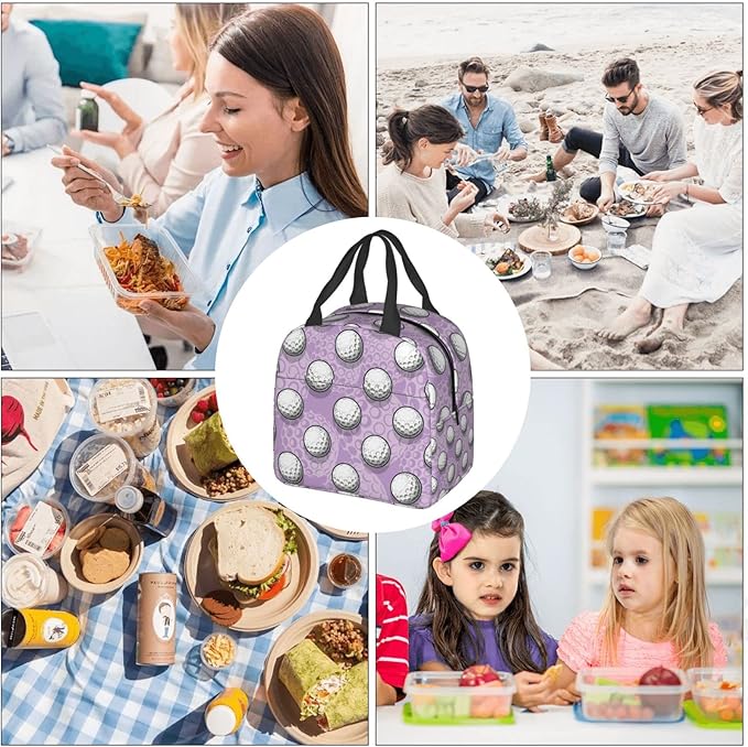 VOOHDDY Golf Ball Cute Purple Insulated Lunch Bag For Men Women Reusable Lunch Box Container Waterproof Portable Cooler Thermal Tote Bag For Work Office Picnic Beach Travel