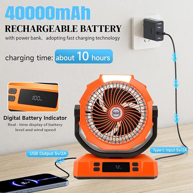 Camping Fan Rechargeable Portable Fan, 40000mAh Battery Powered Fan with LED Light, 6 Wind Speeds Cordless USB Desk Fan for Tent, Travel (Orange)