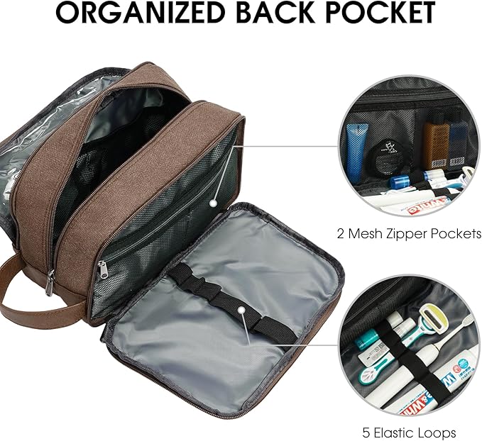 WANDF Travel Toiletry Bag for Men Large Toiletries Shaving Bag Water Resistant Hanging Dopp Kit Travel Accessories Bag for Women Men (Brown)