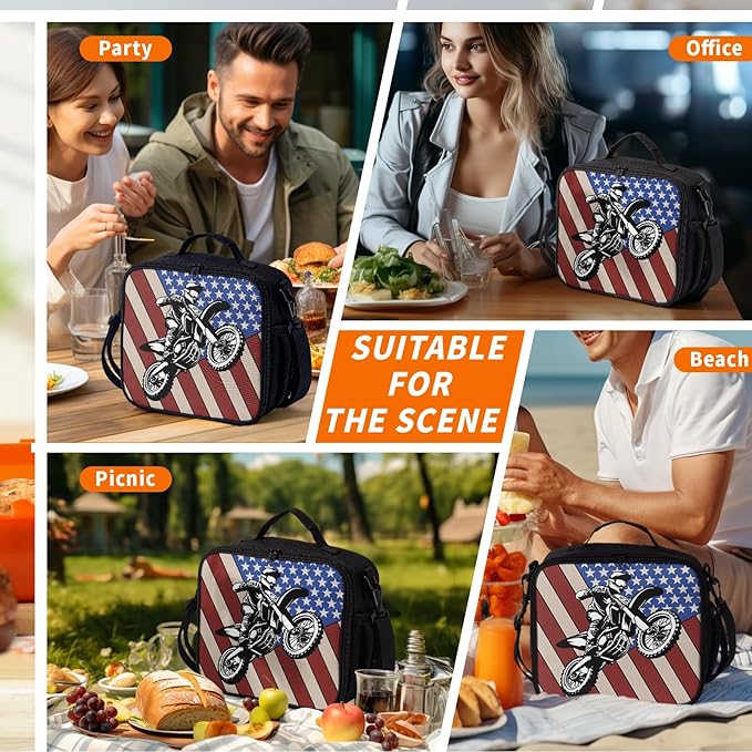 Motorcycle American Flag Lunch Bag Motocross Lunch Boxes for Women/Man Office Work Travel, School, Work, Picnic, Durable Reusable Insulated Large Lunch Tote Bag with Adjustable Shoulder Strap