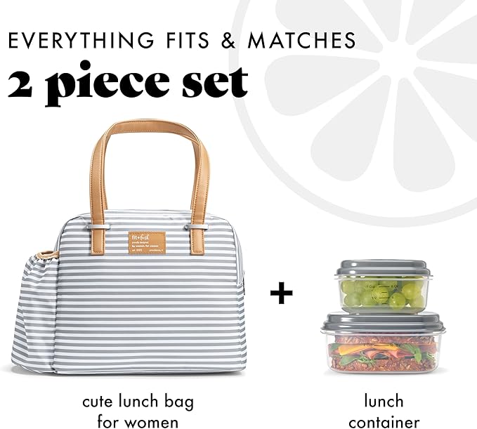 Fit & Fresh Insulated Leakproof & Stain-Resistant Large Lunch Box For Women With Expandable Bottle Pocket, Laketown Lunch Bag Gray Stripe