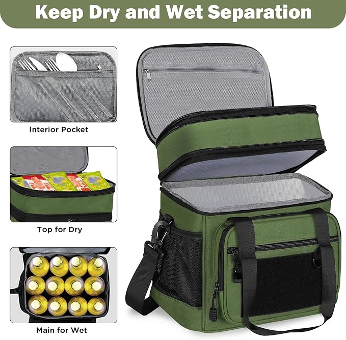 GLENKEY Double Deck Insulated Lunch Box, Expandable Xlarge Lunch Bag Leakproof Cooler Bag Lunch Pail for Men Women Adults Work Shifts Travel Daytrip,22L,Army Green