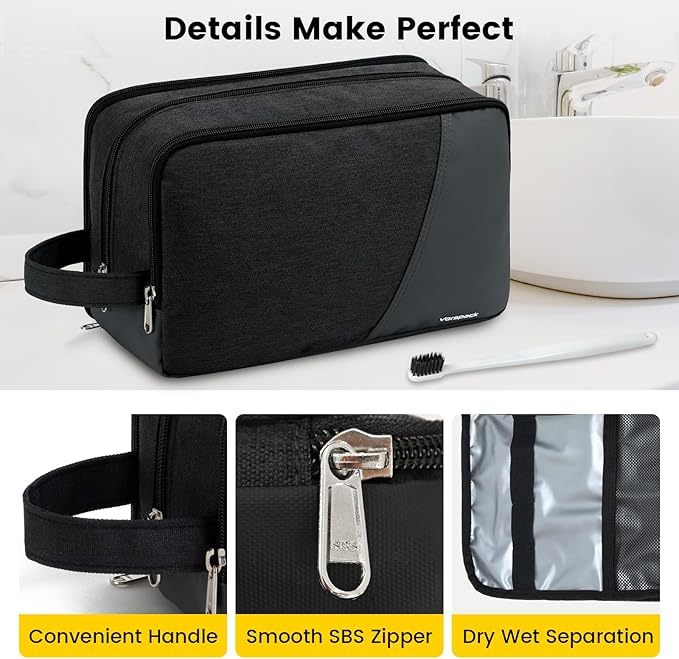Vorspack Large Travel Toiletry Bag - Water Resistant Toiletry Bag for Men Dopp Kit for Bathroom Toiletries Accessories Gifts - Black