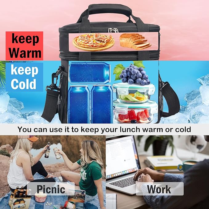 Lunch Box For Men/Women,Large Double-layer Insulated Expandable Reusable Leakproof Cooler Bags For Adults,Lunch Bag With Adjustable Shoulder Strap For Office Travel Picnic（Pink）
