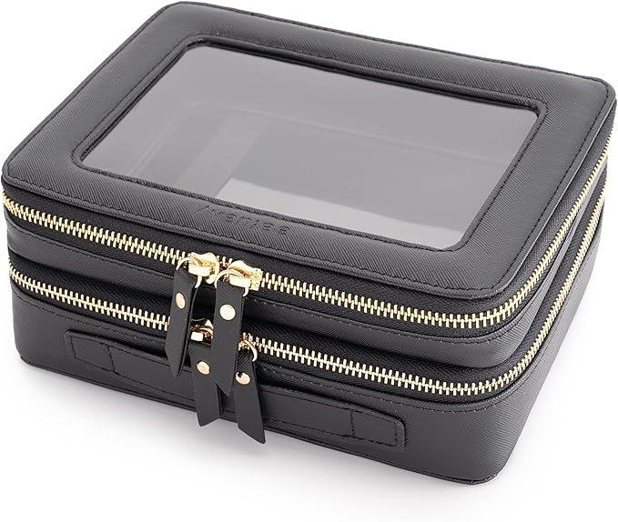 Aveniee Clear Makeup Bags, Double Layer Cosmetic Bags with Separate Brush Compartment, Large Travel Toiletry Bag Cosmetic Case, Travel Accessories Organizer for Women(2 Layers, Black)