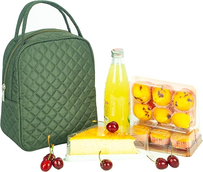 Machine Washable Women Quilted Fabric Insulated Reusable Cooler Lunch Bag Tote Adult Thermal Lunch Box Storage Bag for Ｗork (Green)
