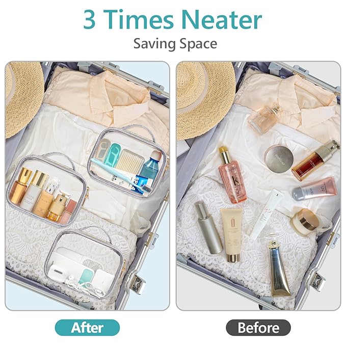 PACKISM TSA Approved Toiletry Bag - Ruched Textured Clear Makeup Bag, Metallic Silver, with 180° Large Opening and Supporting Frame, Perfect for Travel Essentials, Thick No Smell