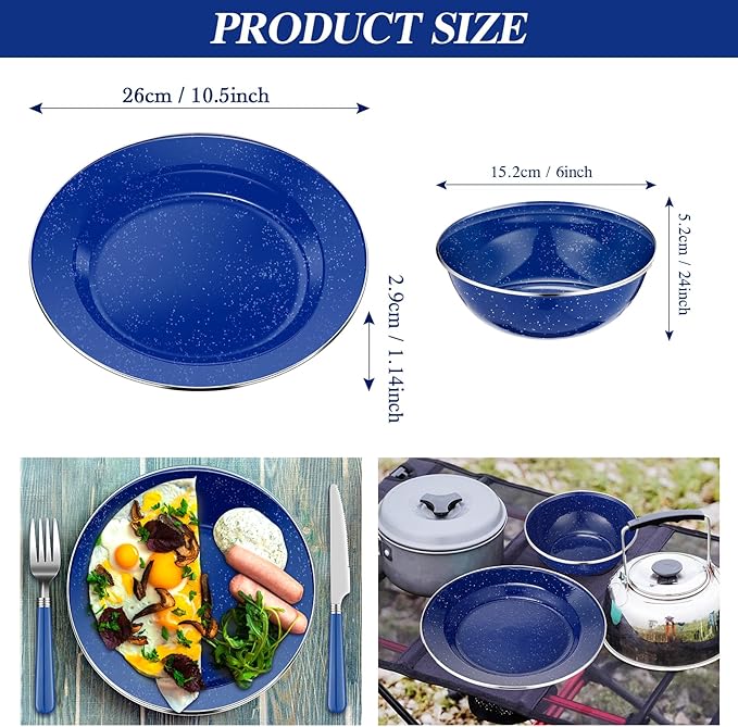Nuogo 12 Pcs Enamel Camping Tableware Set Camping Complete Dinnerware Kit Coffee Mugs Plates Bowls Utensils Set with Knife Fork Spoon for 2 People Hiking Picnic(Blue)
