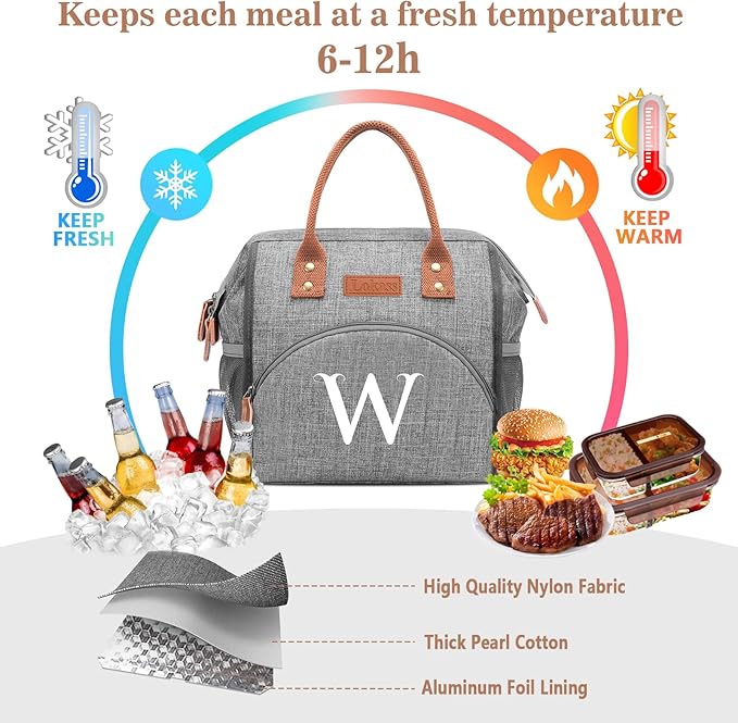 Initial Lunch Bag Women Insulated Lunch Box Wide-Open Lunch Tote Bag Large Drinks Holder Durable Nylon Thermal Snacks Organizer for Work, Travel, Picnic Personalized Gifts for Women/Teacher