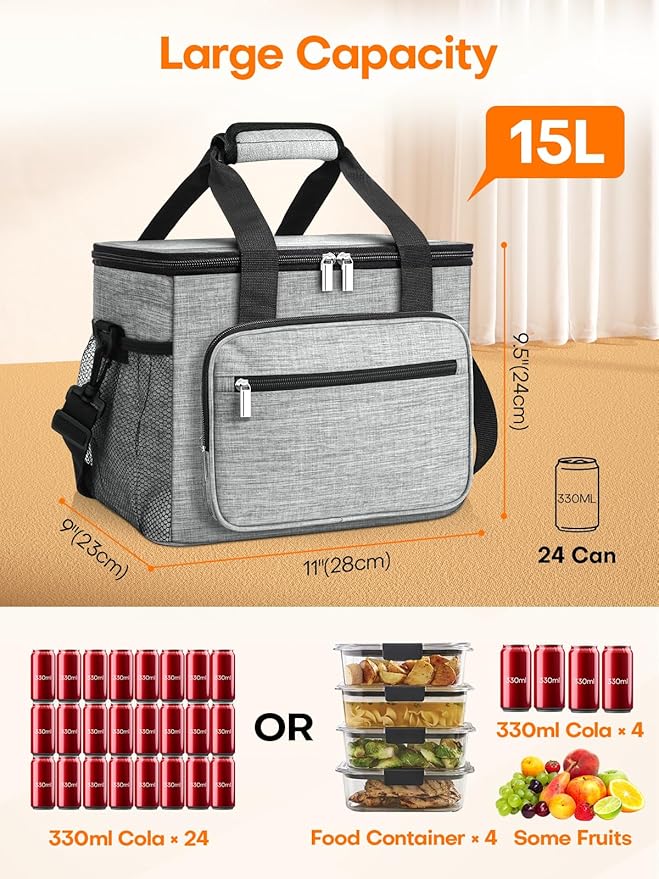 Insulated Lunch Bag, 15L Large Leakproof lunchbag Lunch Boxes for Adult Men Women, Soft Cooler Bags with 6 Pockets and Carabiner Clip for Work Picnic Travel (Gray)