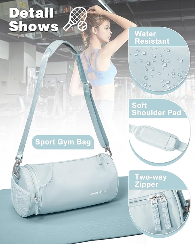 Small Women's Gym Bag - Waterproof Mini Duffle Bag, Travel Duffel with Wet Pocket, Carry On Weekender for Dance, Swimming, Yoga, Fitness - Light Blue