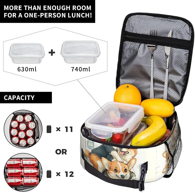 Dog Pizza Lunch Bag Insulated Reusable Lunch Box Thermal Cooler Tote For Men Women Work Travel Picnic Hiking