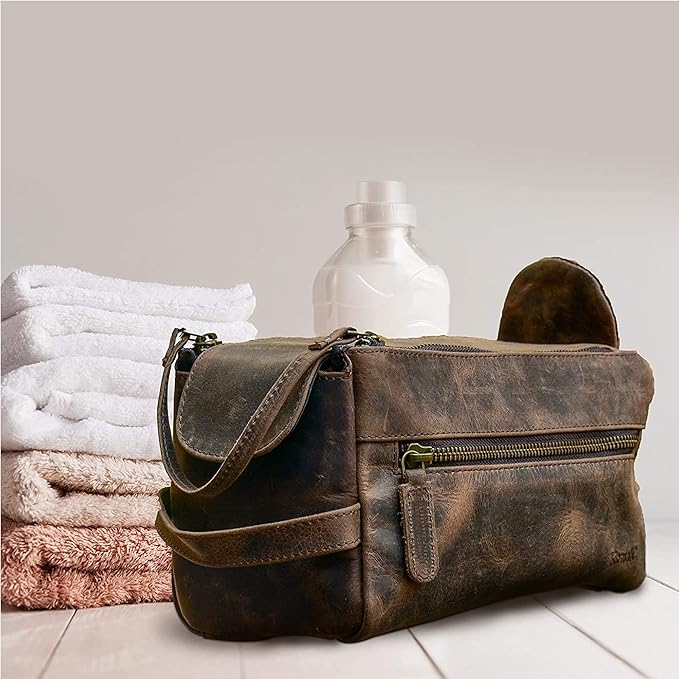KomalC Premium Buffalo Leather Unisex Toiletry Bag Travel Dopp Kit