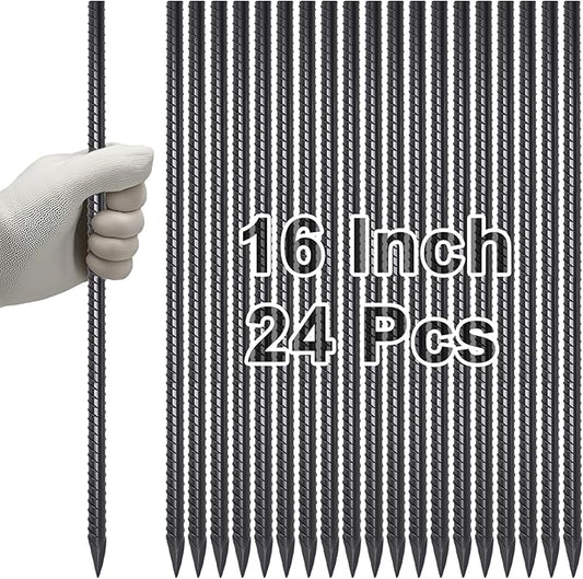 VVOKGO RebarStakes 16 Inches Rebar Stakes (24pcs) Ground Anchors Steel Plant Support Garden Stake Metal Straight Camping Tent Spikes with Chisel Point End, Black