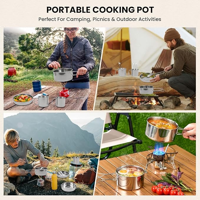 Camping Cookware Mess Kit Outdoor: GEEKHOM 14PCS Stainless Steel Camping Pots and Frying Pans, All-in-One Portable Camp Cookset Grilling Tools for Backpacking & Campfire (1-2 Person)
