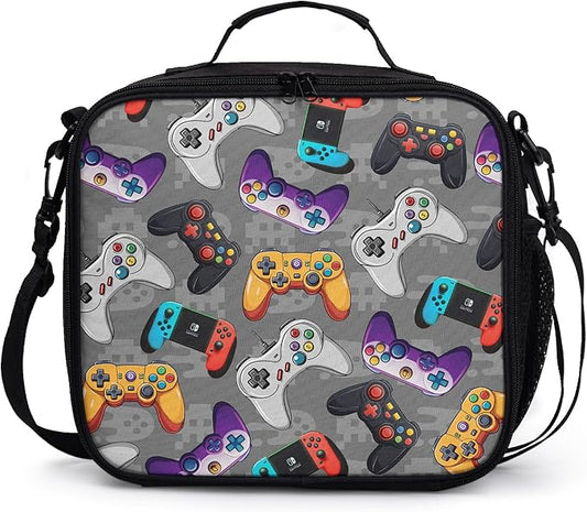 Game Colorful Lunch Bag Gray Gaming Lunch Boxes for Women/Man Office Work Travel School Work Picnic Durable Reusable Insulated Large Lunch Tote Bag with Adjustable Shoulder Strap