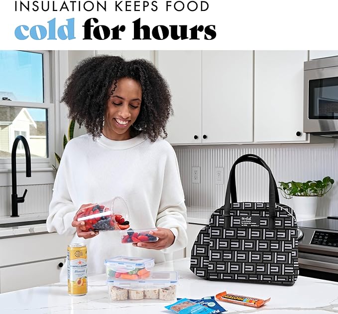 Fit & Fresh Insulated Lunch Box For Women, Leakproof & Stain-Resistant With Expandable Bottle Pocket, Zipper Closure - Laketown Lunch Bag Black Geo