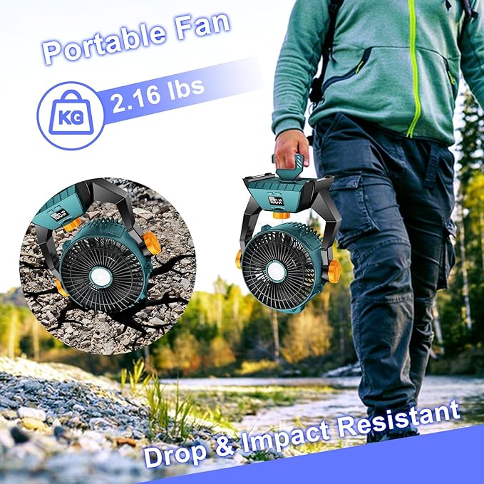 Camping Fan - Rechargeable Portable Battery Powered Camping Fans for Tents with LED Light, Power Display, Timers & 360° Hanging Hook, Ultra Quiet USB Personal Tent Fan for Fishing Travel Home Office