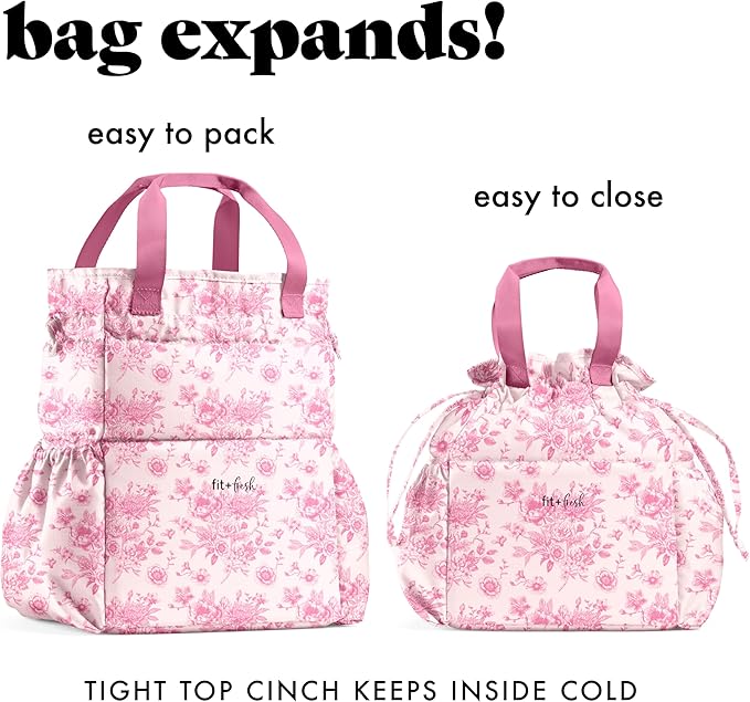 Fit & Fresh Lunch Bag For Women, Insulated Womens Lunch Bag For Work, Stain-Resistant Large Lunch Box For Women With Containers, Cinch Closure Cromwell Bag, Pink FloralToile