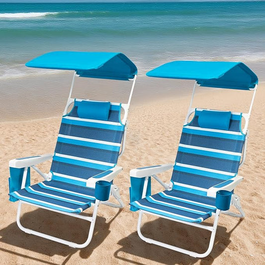 Beach Chair 2 Pack, 5 Positions Textilene Folding Reclining Beach Chair with Backpack Straps, Cooler Bag & Cup Holder for Outdoor Lawn Camping