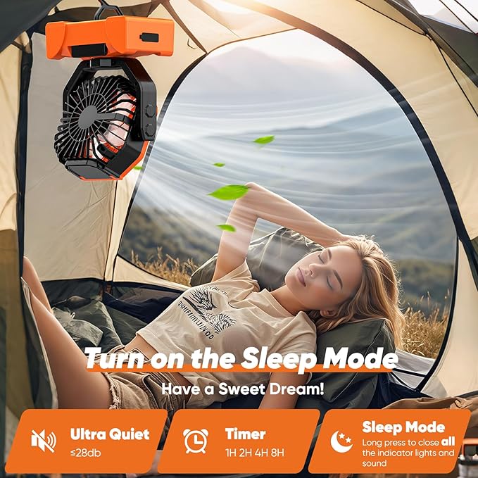 Portable Rechargeable Fan, 20000mAh Battery Powered Fan with LED Light, Camping Fans for Tent Remote Control, 5 Speed & Hook, 10-inch Outdoor Cordless Fans for Travel,Home,Beach, Power Outage - Orange
