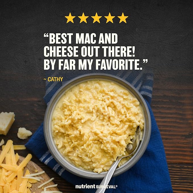Nutrient Survival MRE Triple Cheese Mac, Ready to Eat Meals (10 Servings) Freeze Dried Prepper Supplies & Emergency Food Supply, 40 Essential Nutritients, Shelf Stable Up to 25 Years, One Can