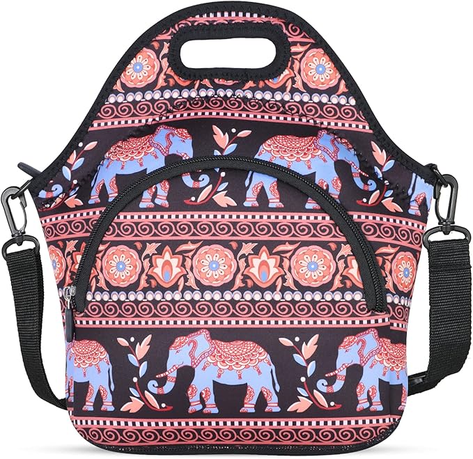 Violet Mist Neoprene Lunch Bag with Pocket Shoulder Strap for Women Men - Elephant Food Handbag Tote