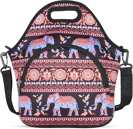 Violet Mist Neoprene Lunch Bag with Pocket Shoulder Strap for Women Men - Elephant Food Handbag Tote
