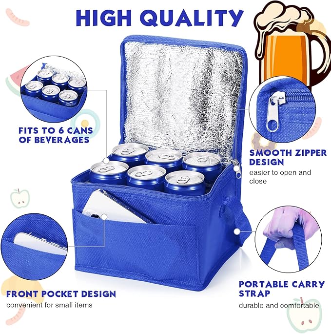 Nuogo 15 Pack Insulated Lunch Bags Bulk, Reusable Cooler Boxes, Leakproof Lunch Boxes Set, Waterproof Thermal Coolers, Insulated Beverage Bag for Women Men Work School Picnic Beach(Blue)
