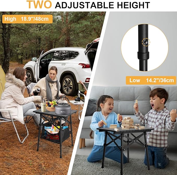 Folding Camping Table - Small Outdoor Table with Storage Bag - Adjustable Height 14.2'' & 18.9'', Portable Lightweight Aluminum Foldable Side Table for Picnic, BBQ, Beach & Tailgating