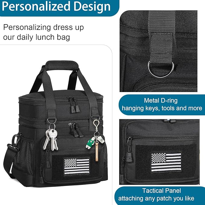 GLENKEY Double Deck Insulated Lunch Box, Expandable XLarge Lunch Bag Leakproof Cooler Bag Lunch Pail for Men Women Adults Work Shifts Travel Daytrip,22L,Black
