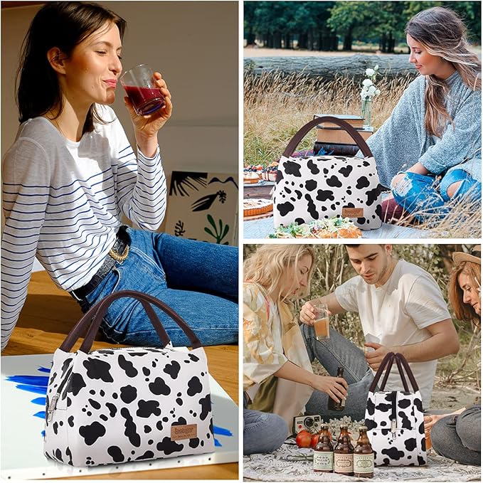 Buringer Insulated Lunch Bag Lunch Box for Women Men Adult Lunch Tote for Work Picnic Travel (Cow Print)