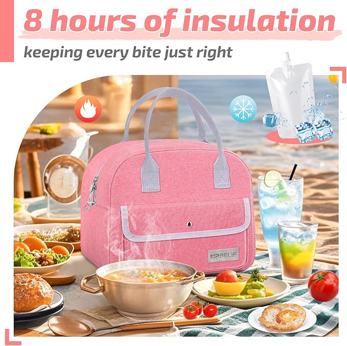 KIPBELIF Cute & Roomy Adult Lunch Box for Women – Stylish Insulated Lunch Bag with Cooling Pack, Shoulder Strap, Multi-Pockets for Work, Picnic (Standard Size) (Pink with Ice Pack)