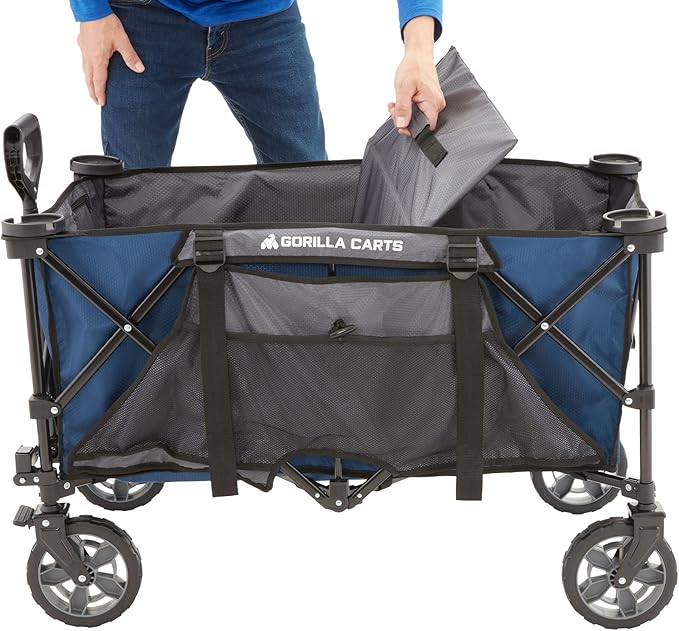 Gorilla Carts Foldable Wagon, Heavy Duty Collapsible Cart with Wheels, 7 Cu Ft, Blue - Portable Folding Utility Wagon for Groceries, Shopping, Beach, and Sports