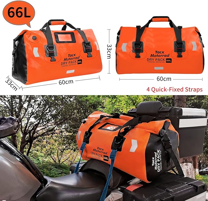 Waterproof Duffel Bag for Men/Women, Roll-top Dry Backpack Duffel Bag with Quick-fixed Straps, Motorcycle Tail Saddle Bag for Motorcycling, Rafting, Boating, Kayaking, Travel, 66L-Orange
