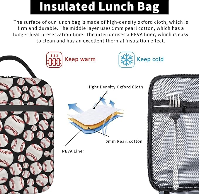 Baseball Ball Lunch Bag Insulated Reusable Lunch Box Thermal Cooler Tote For Men Women Work Travel Picnic Hiking