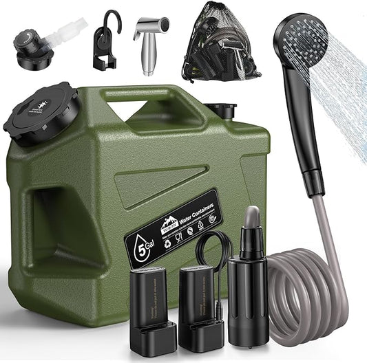 Portable Camping Shower with Water Jug, Electric Rechargeable Camping Shower, 5-Gallon Food Grade Water Containers, Outdoor Camp Pump Water Storage Kit for Hiking Beach, Travel, Pet Bath