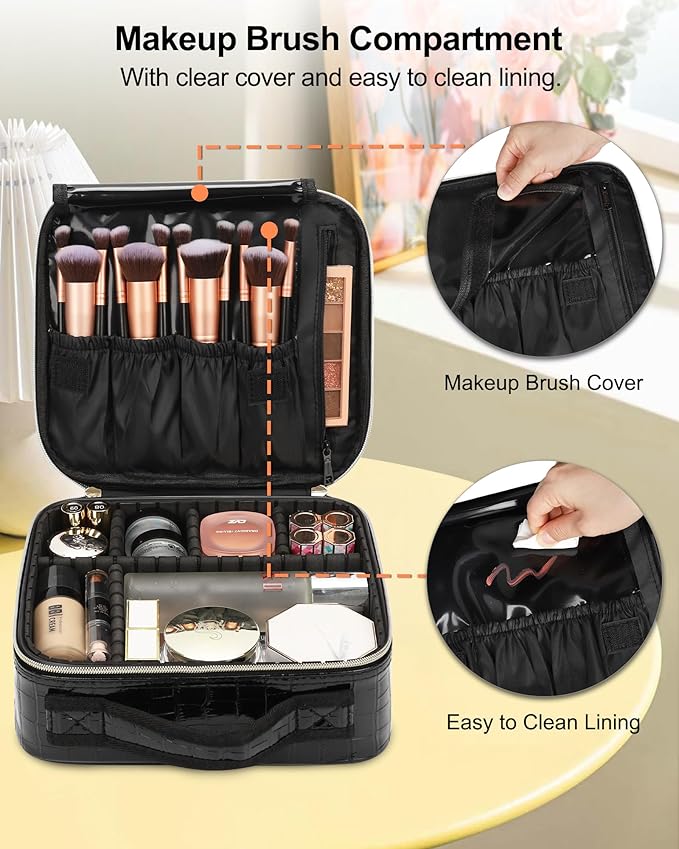 Relavel Travel Makeup Case, Train Case Makeup Brush Organizer, Professional Makeup Artist Makeup Bag, with Adjustable Partition and Shoulder Straps (Crocodile, Small)