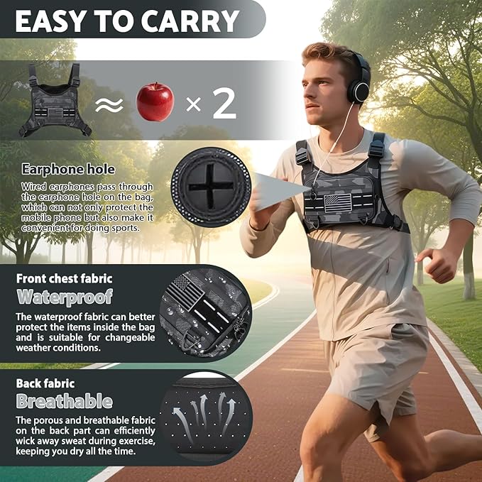 Sports Chest Bag For Men Women, Water Resistant Lightweight Front Chest Pack, Running Vest Bag With Built-In Phone Holder & Extra Storage For Workouts, Running, Cycling (Camo)