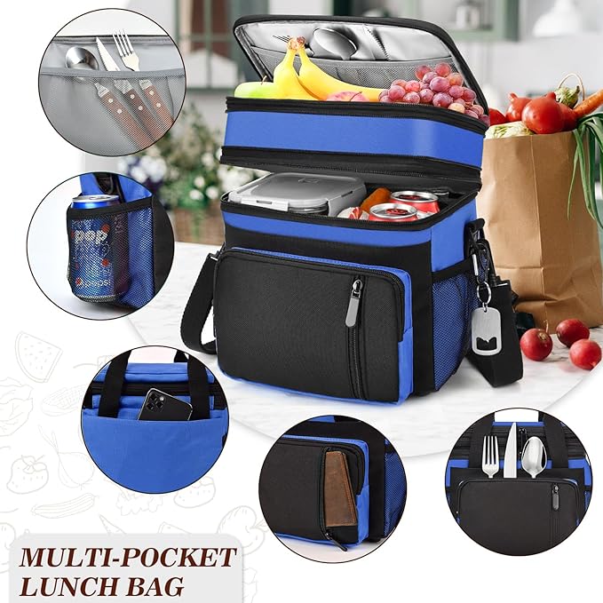 Lunch Box & Lunch Bag for Men Women, Large Insulated Adult Lunch Box, Leakproof Cooler Lunchbox with Bottle Opener for Work Picnic Beach, 16L, Sapphire Blue