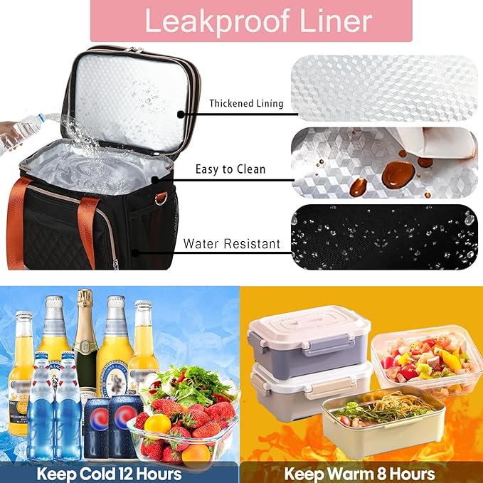 GLENKEY Expandable Lightweight Insulated Lunch Box for Women, Double Deck Large Lunch Bag Leakproof Soft Cooler Bags with Shoulder Strap for Adults Work Office Flight Beach Travel, Black, 16L